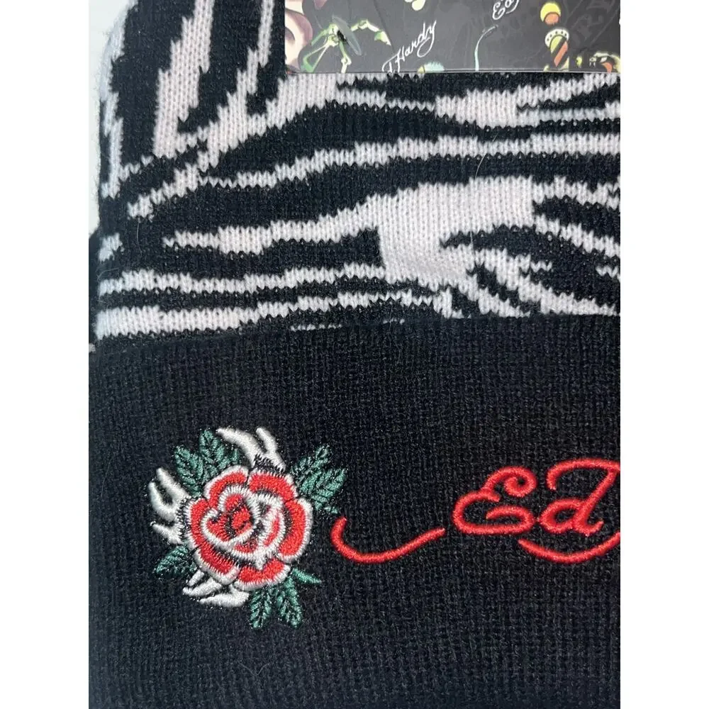 Ed Hardy 3 Pc GIRLS Set 2 Beanies Embroidered Black & Pink & Black Knit Gloves